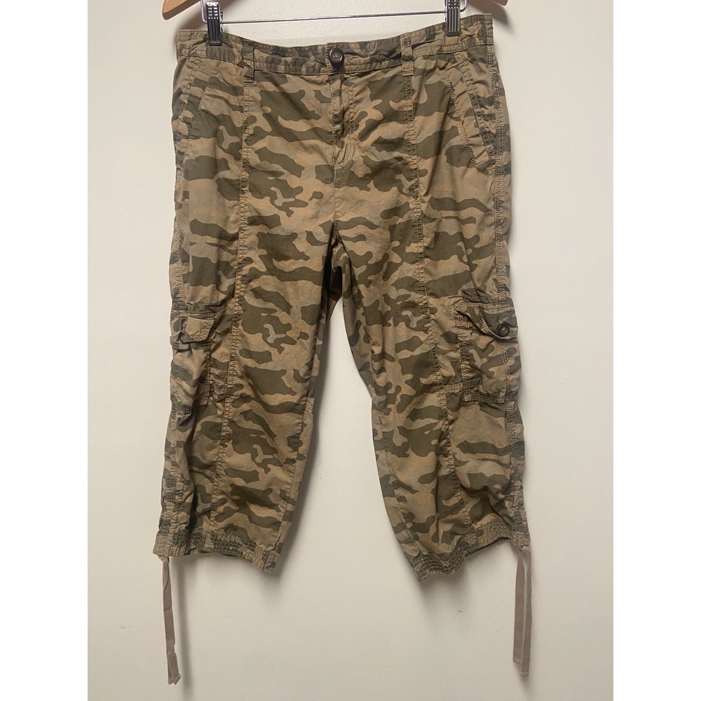 Merona Cargo Capri Pants Womens 12 Green Camo Utility Cropped Cotton Drawstring